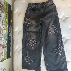 Hot Topic Black Washed Star Patch Wide Leg Jeans